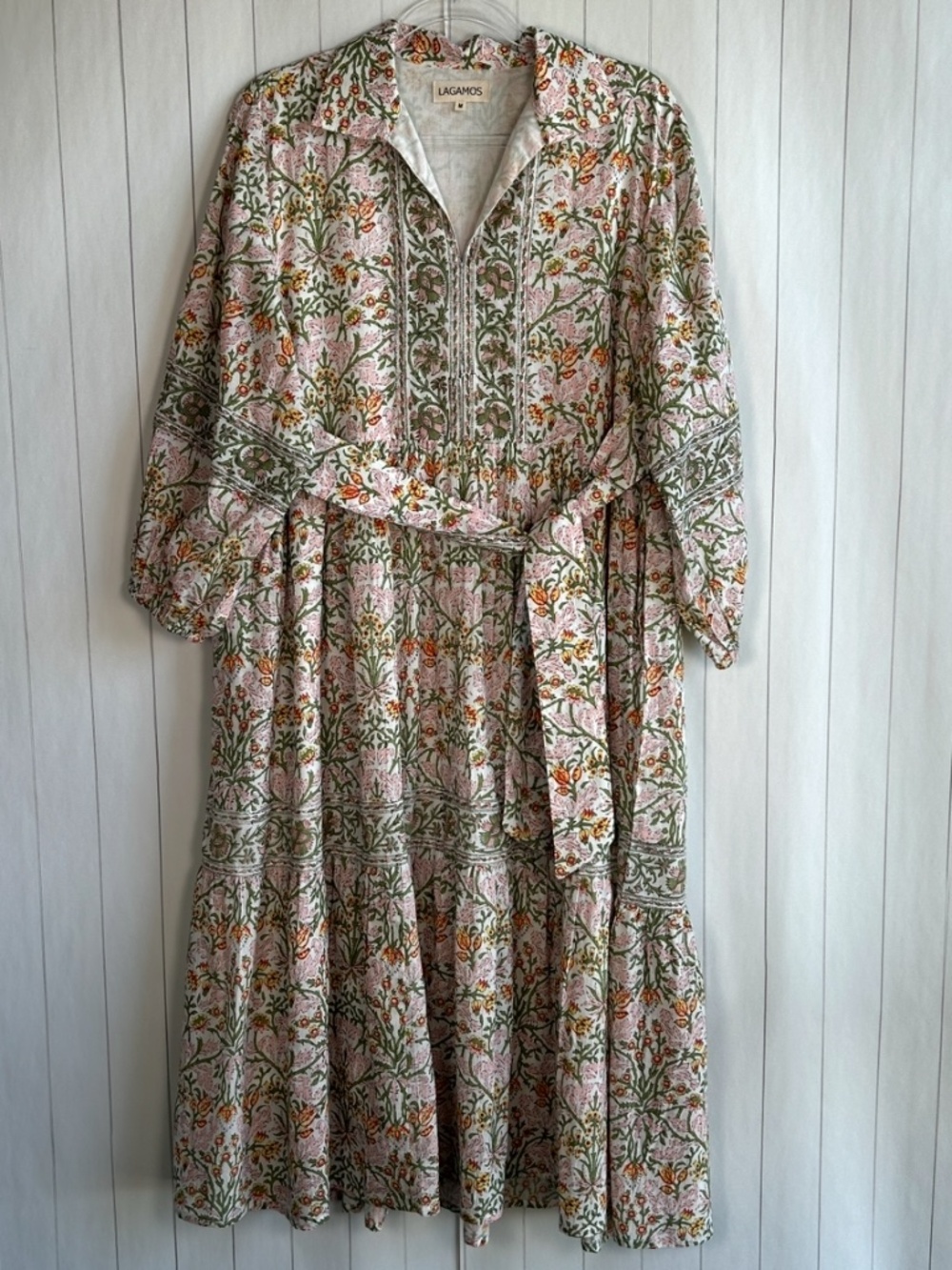 Lagamos size M Eveline midi dress white pink floral cotton block print w pockets